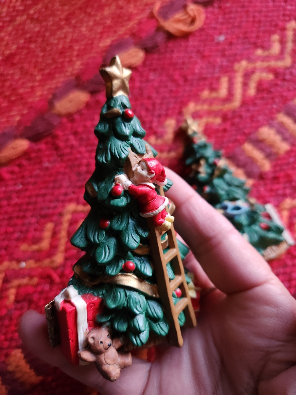Holiday Mini Christmas Tree Figurine with Santa and Teddy - Green